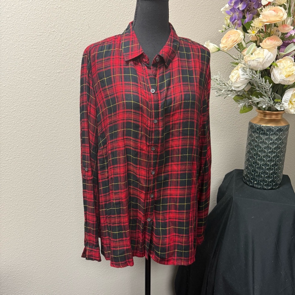 Zac & Rachel Woman 2X Red Black Plaid Button Down Shirt Long Sleeve Fall Top - Picture 1 of 8